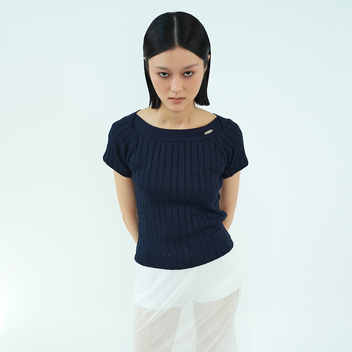 C BOAT NECK CABLE KNIT_NAVY
