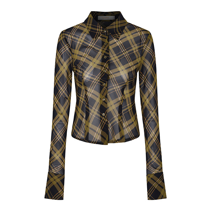 C SEE-THROUGH CHECKED BLOUSE_GREEN
